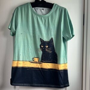 Black Cat Drinking Coffee Graphic Tee